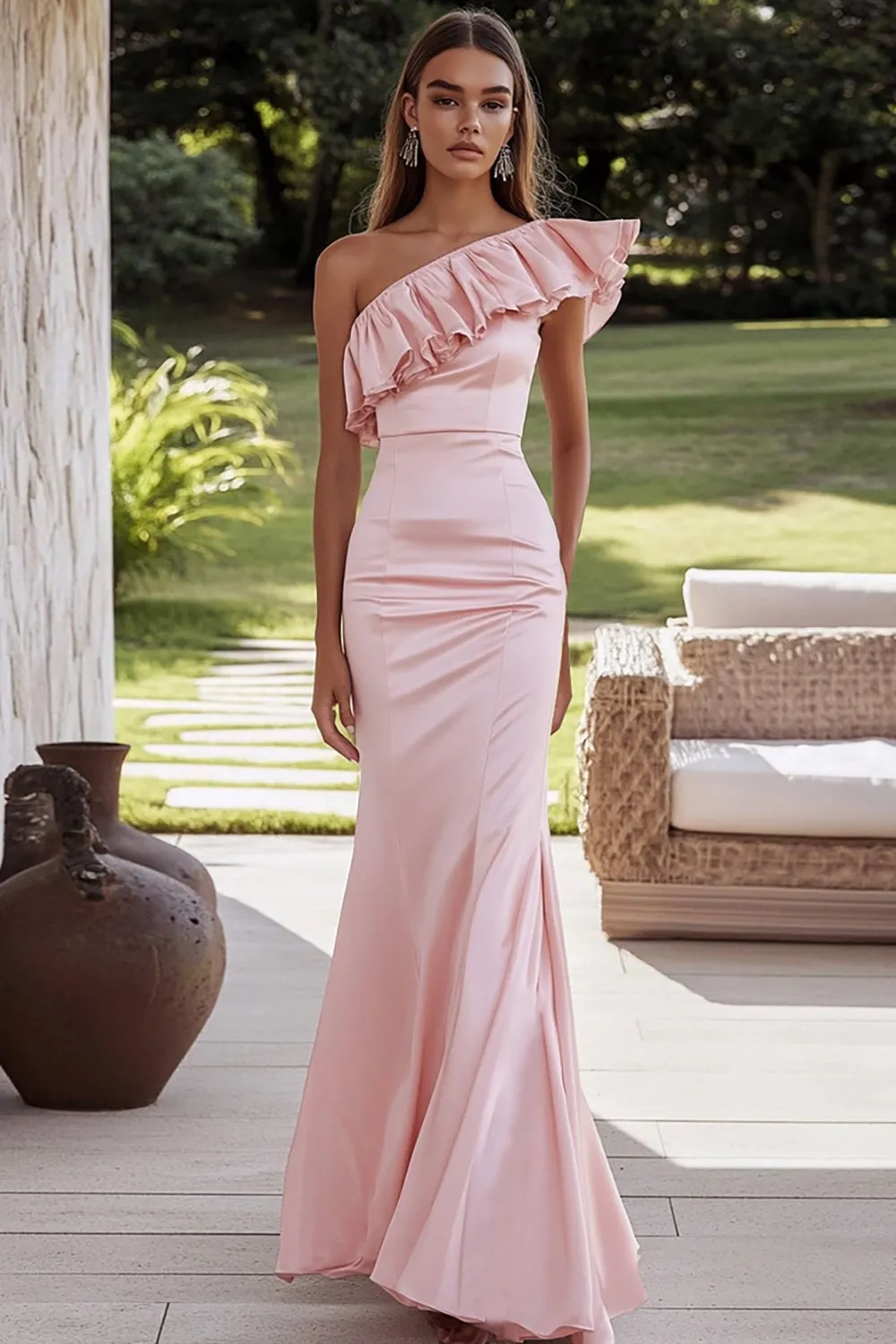 Pink One Shoulder Satin Mermaid Long Formal Dress sold by Zapaka