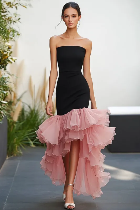 Black Pink Strapless Ruffled Mermaid High-Low Formal Dress sold by Zapaka