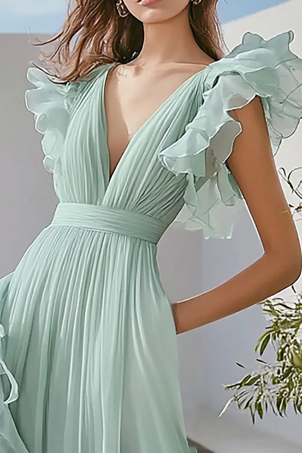 Light Green A Line Chiffon V-Neck Ruffled Long Formal Dress sold by Zapaka product image thumbnail 2