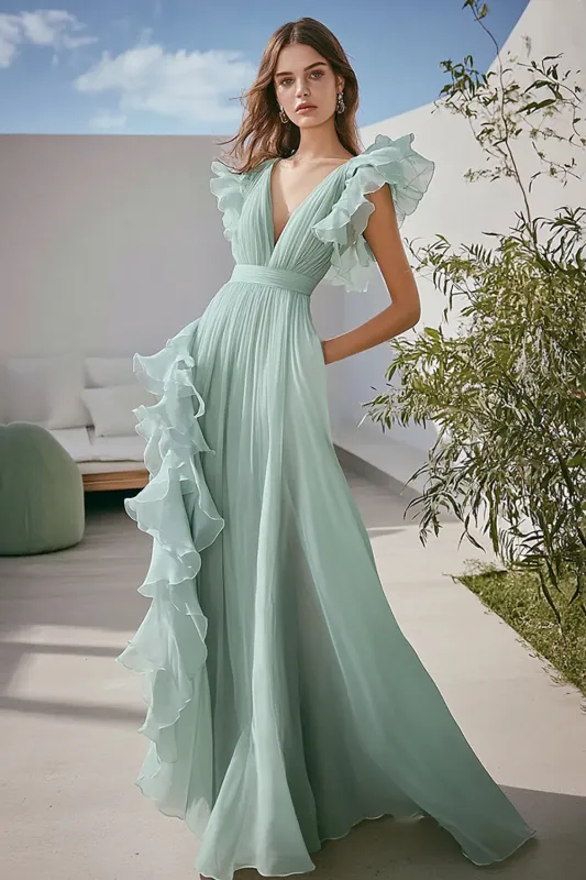 Light Green A Line Chiffon V-Neck Ruffled Long Formal Dress sold by Zapaka