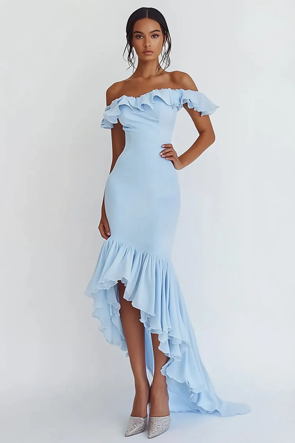 Mermaid Sky Blue Off The Shoulder Ruffles Long Formal Dress sold by Zapaka