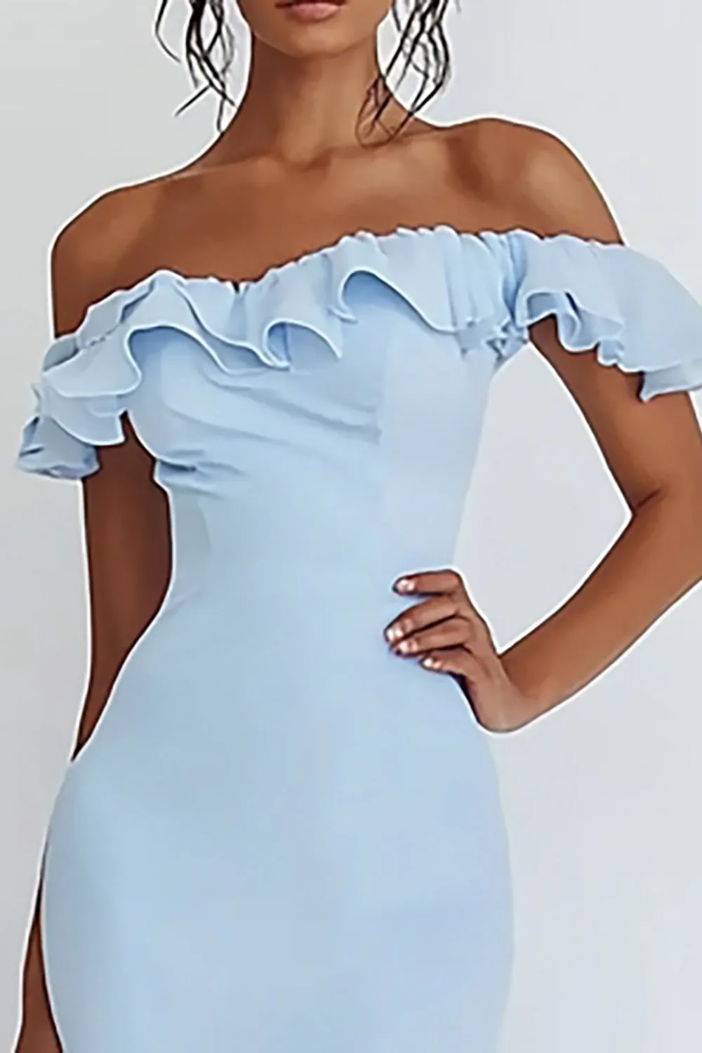 Mermaid Sky Blue Off The Shoulder Ruffles Long Formal Dress sold by Zapaka product image thumbnail 2