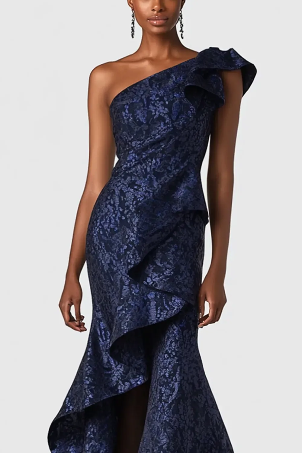 Navy Mermaid One Shoulder Ruffled Long Formal Dress with Slit sold by Zapaka product image thumbnail 5