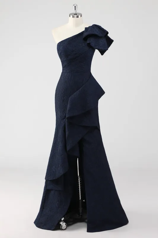 Navy Mermaid One Shoulder Ruffled Long Formal Dress with Slit sold by Zapaka
