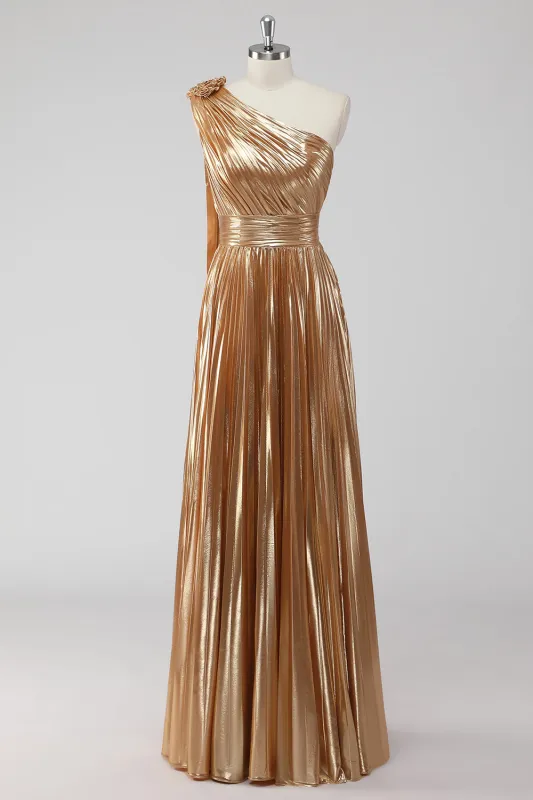 Golden One Shoulder A-Line Metallic Formal Dress sold by Zapaka
