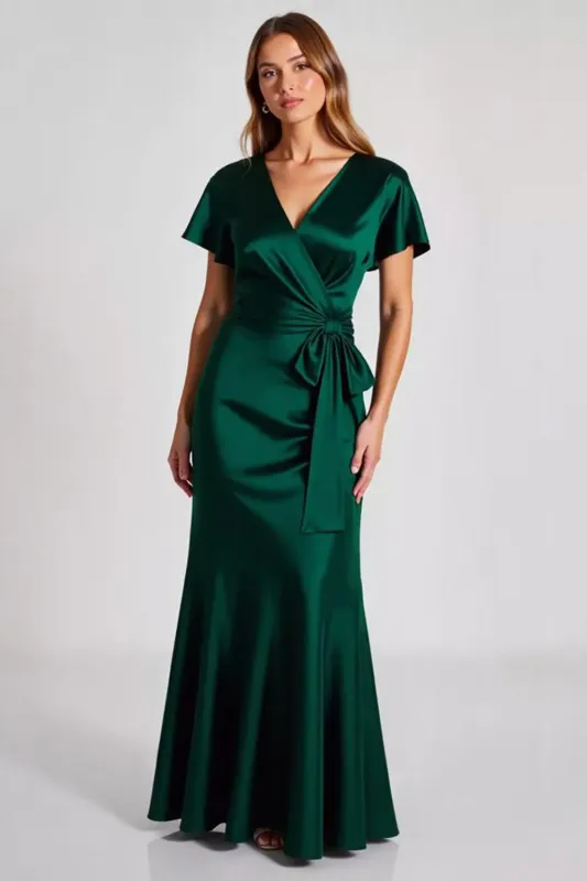 Dark Green V-Neck Sheath Satin Formal Dress with Short Sleeves made by Zapaka