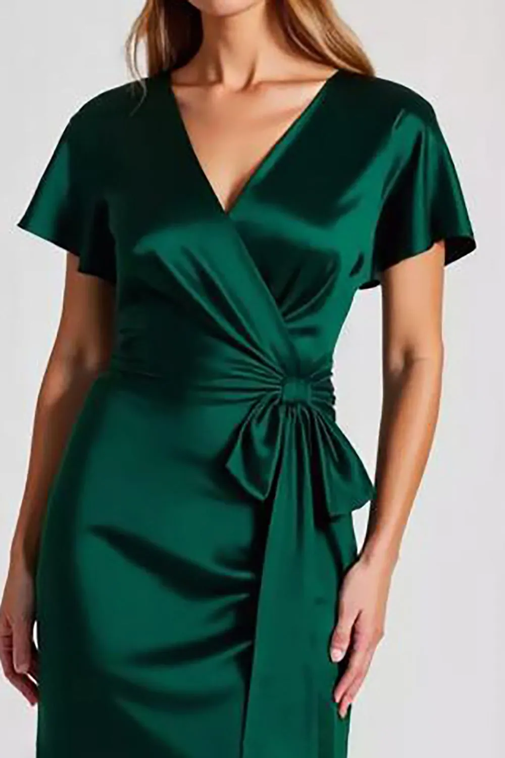 Dark Green V-Neck Sheath Satin Formal Dress with Short Sleeves sold by Zapaka product image thumbnail 2