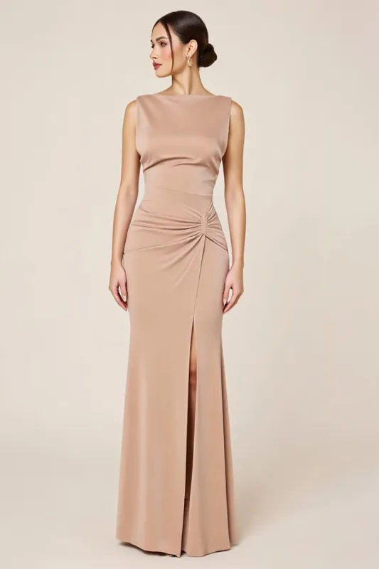 Neutral Ruched Boat Neck Sheath Long Formal Dress with Slit sold by Zapaka