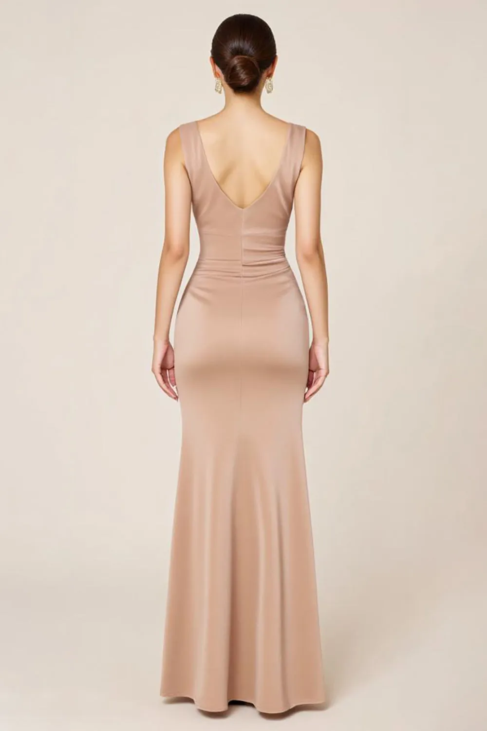 Neutral Ruched Boat Neck Sheath Long Formal Dress with Slit sold by Zapaka product image thumbnail 2
