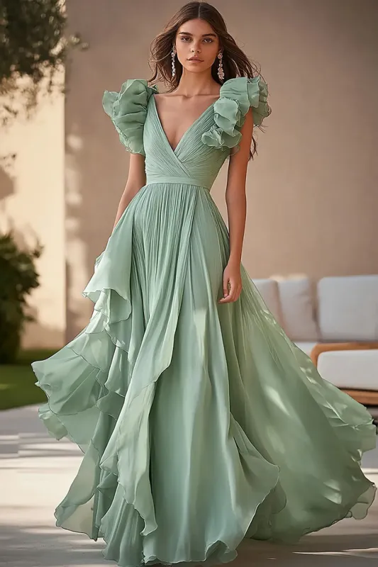 Light Green Chiffon Long A Line Formal Dress with Ruffles sold by Zapaka