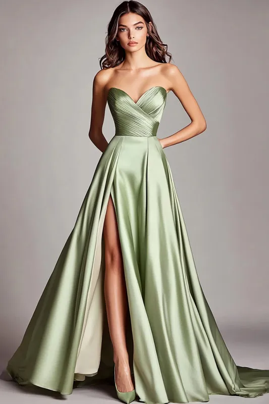 Dusty Sage Strapless A Line Ruched Satin Long Prom Dress with Slit sold by Zapaka