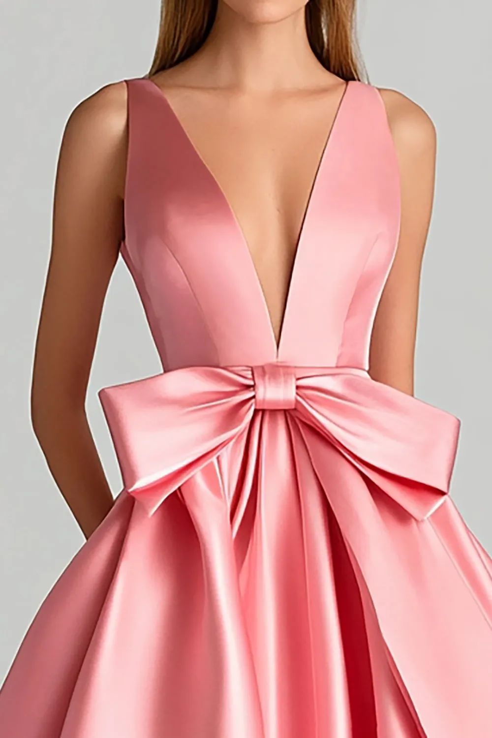 Pink Deep V Neck Long Satin Prom Dress with Bow sold by Zapaka product image thumbnail 2