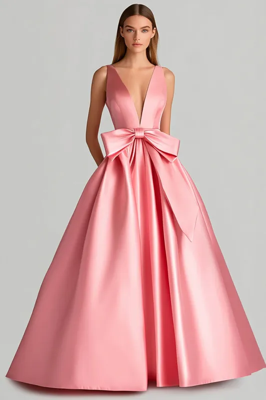 Pink Deep V Neck Long Satin Prom Dress with Bow sold by Zapaka