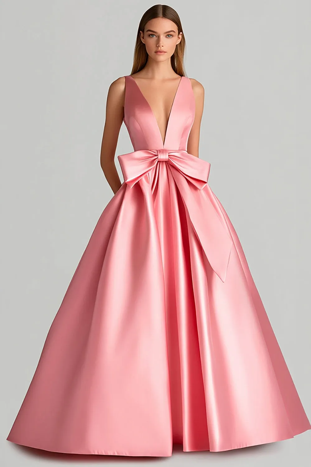 Pink Deep V Neck Long Satin Prom Dress with Bow sold by Zapaka
