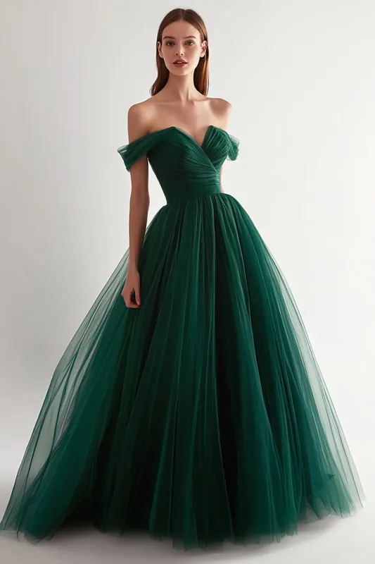 Dark Green Off the Shoulder A Line Tulle Long Prom Dress sold by Zapaka
