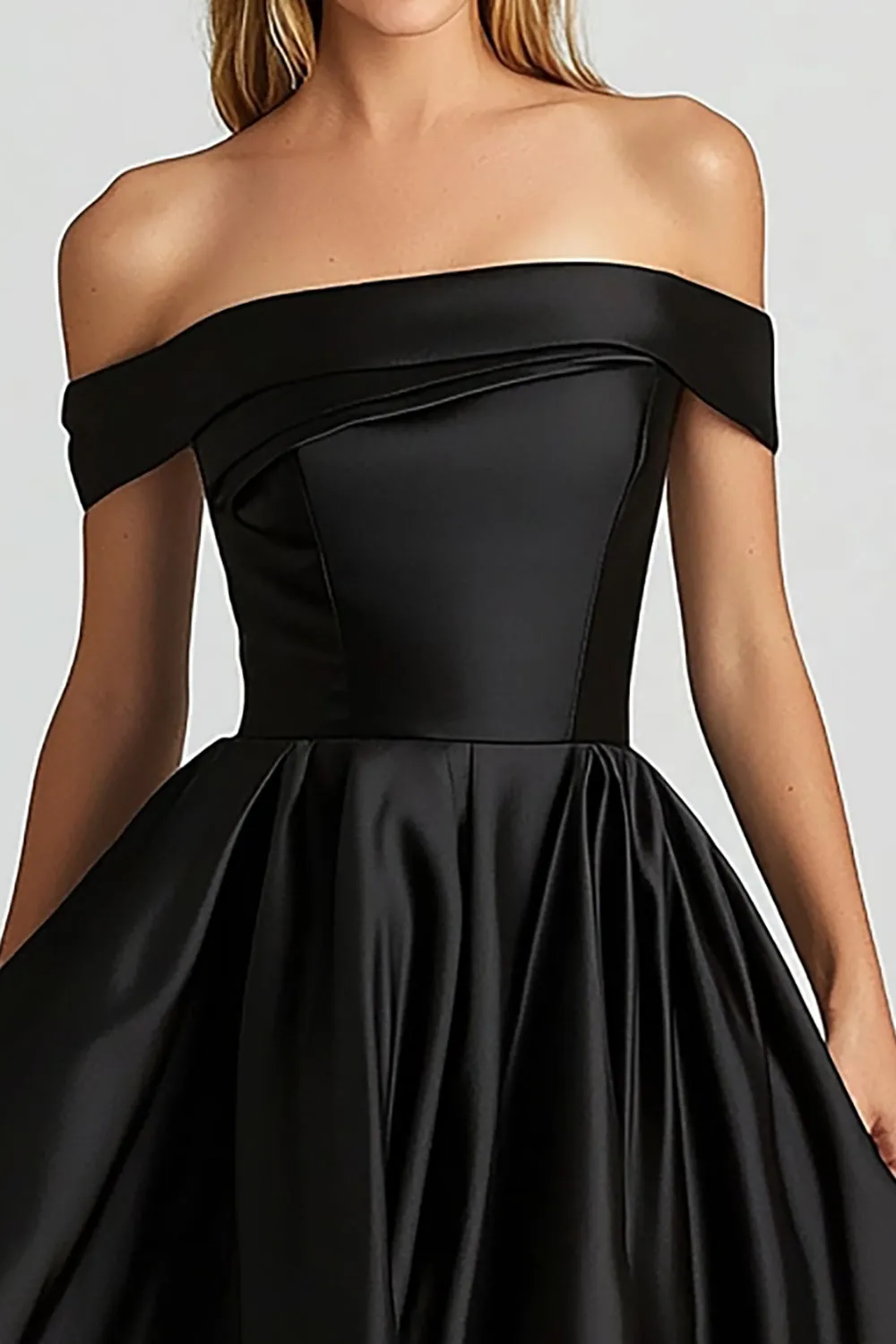 Black Off the Shoulder Satin Asymmetrical Prom Dress sold by Zapaka product image thumbnail 2