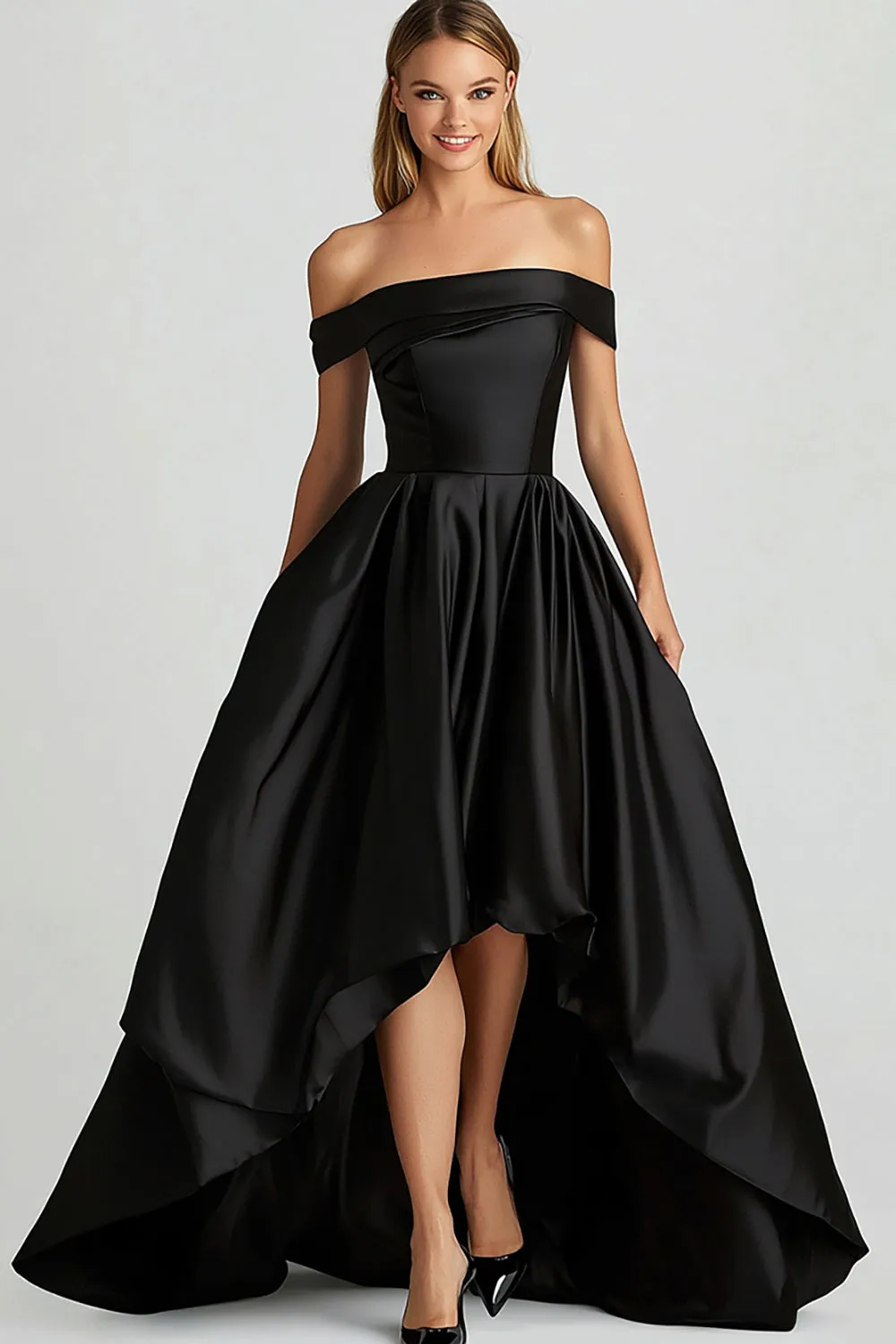 Black Off the Shoulder Satin Asymmetrical Prom Dress sold by Zapaka