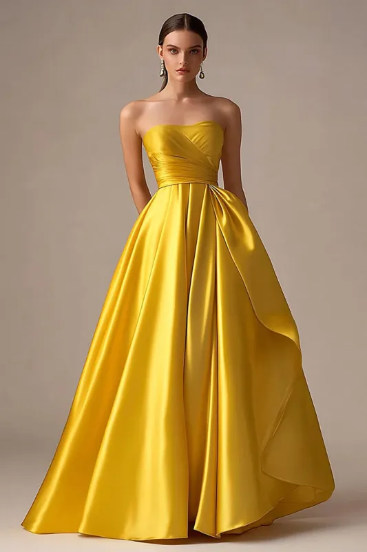 Yellow Strapless A Line Satin Long Prom Dress sold by Zapaka