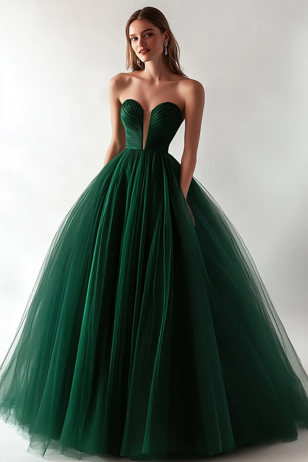 Dark Green Strapless A Line Tulle Long Prom Dress sold by Zapaka