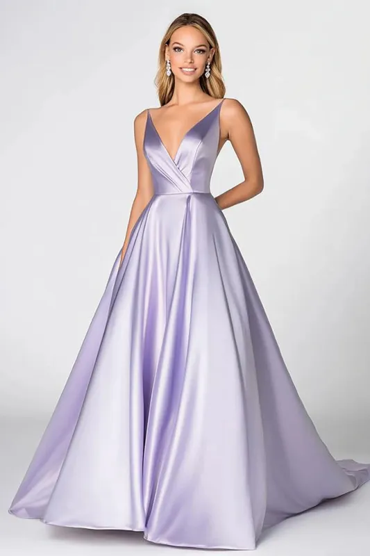 Lilac V Neck A Line Satin Long Prom Dress sold by Zapaka