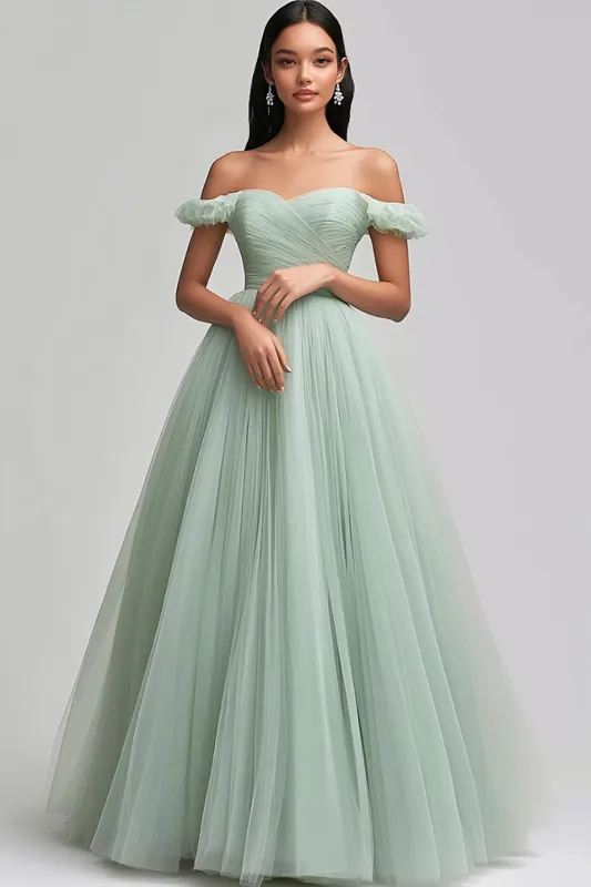 Light Green Off the Shoulder A Line Long Tulle Prom Dress sold by Zapaka