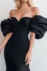 Black Mermaid Off the Shoulder Puff Sleeves Satin Long Prom Dress sold by Zapaka