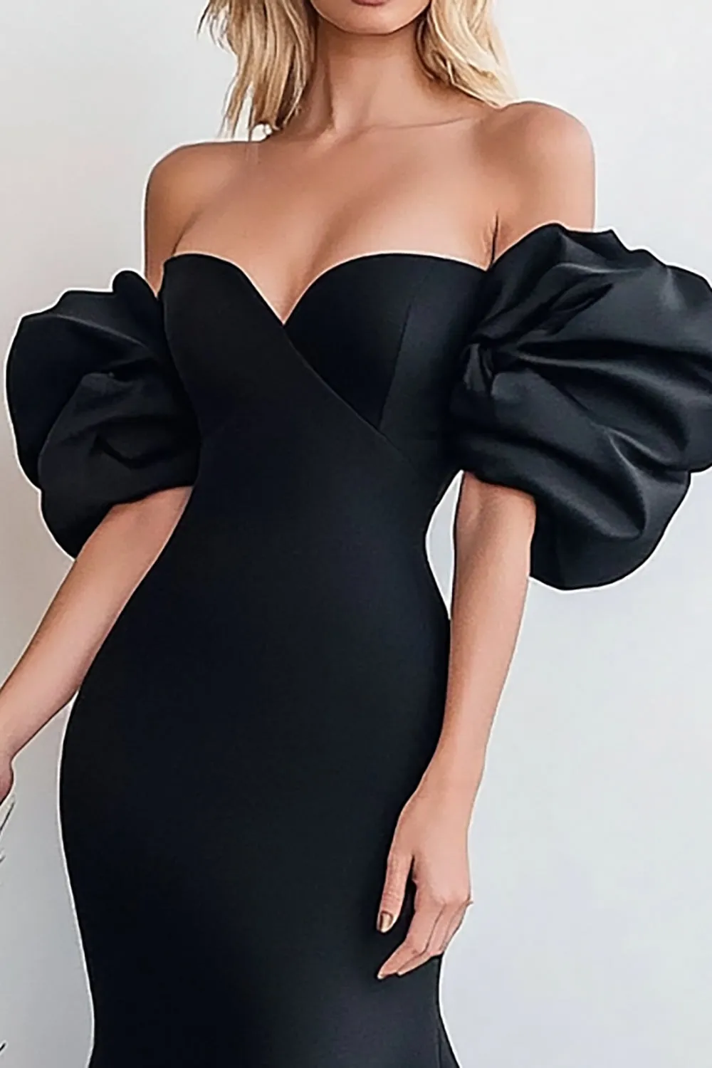 Black Mermaid Off the Shoulder Puff Sleeves Satin Long Prom Dress sold by Zapaka product image thumbnail 2