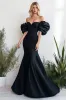 Black Mermaid Off the Shoulder Puff Sleeves Satin Long Prom Dress sold by Zapaka