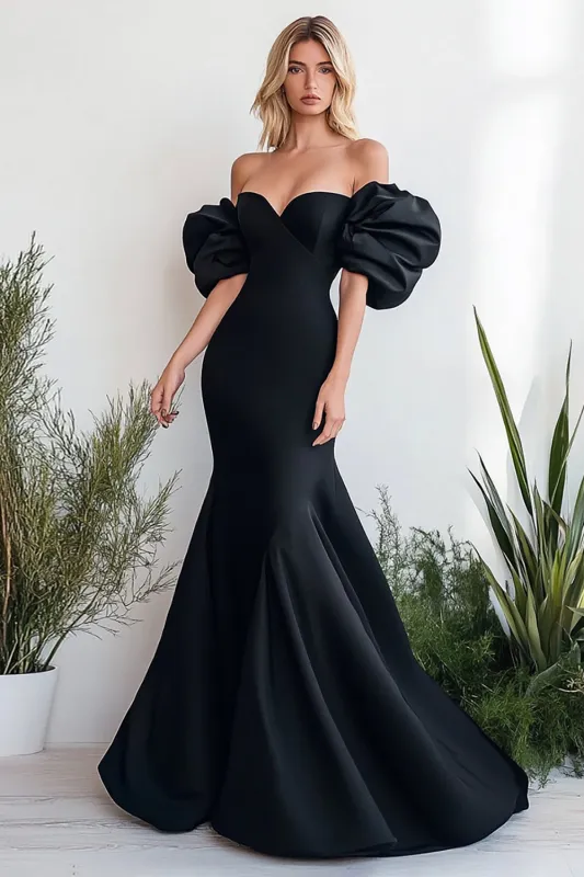 Black Mermaid Off the Shoulder Puff Sleeves Satin Long Prom Dress sold by Zapaka