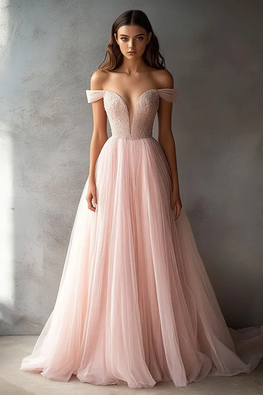 Tulle Pink Off The Shoulder A Line Prom Dress sold by Zapaka