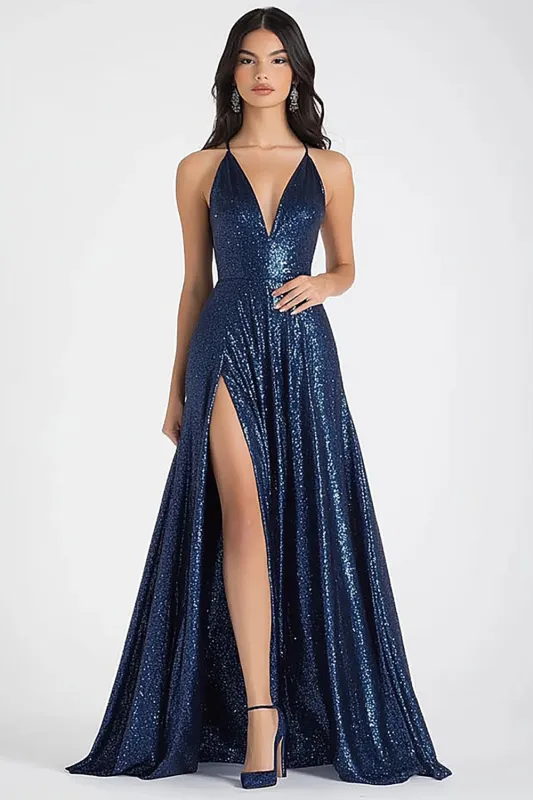 Sparkly Navy A-Line Spaghetti Straps Sequins Long Prom Dress with Slit sold by Zapaka
