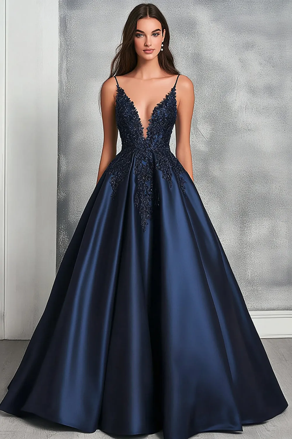 Glitter Navy A-Line Spaghetti Straps Satin Ball Gown Dress with Appliques sold by Zapaka