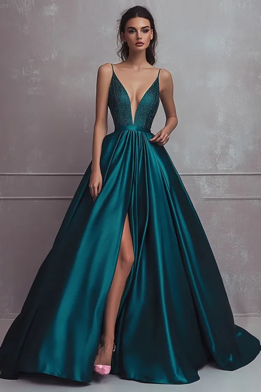 Sparkly Dark Green A-Line Spaghetti Straps Satin Beaded Long Prom Dress with Slit sold by Zapaka