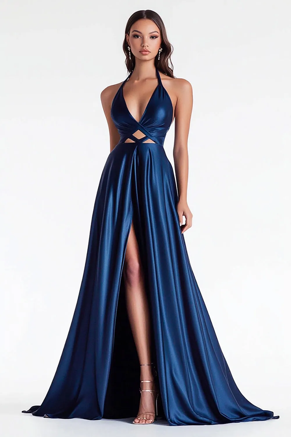 Navy Halter A Line Satin Long Prom Dress with Slit sold by Zapaka
