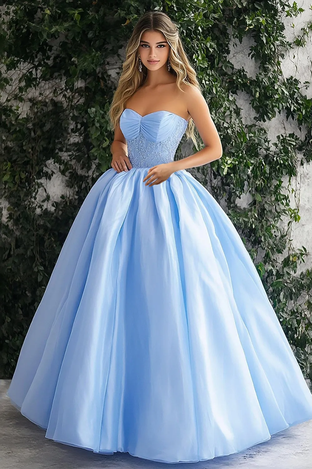 Glitter Sky Blue A-Line Strapless Organza Ball Gown with Lace sold by Zapaka