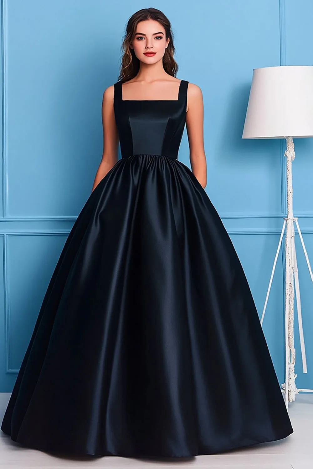 Black A-Line Square Neck Satin Long Prom Dress sold by Zapaka