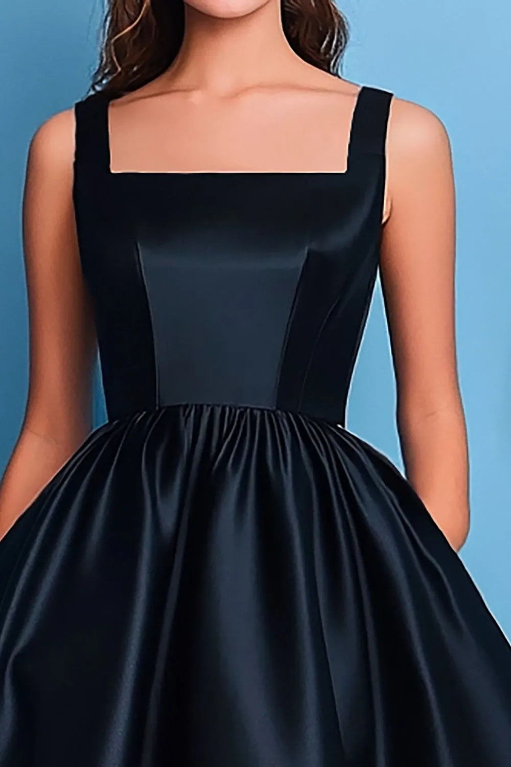 Black A-Line Square Neck Satin Long Prom Dress sold by Zapaka product image thumbnail 2