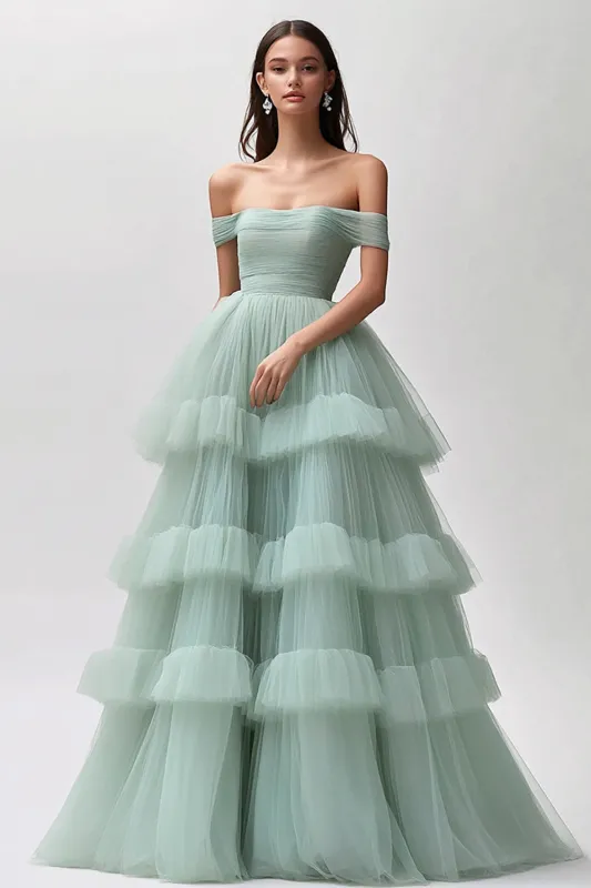 Light Green Ruffled Off The Shoulder Tulle Long Prom Dress sold by Zapaka