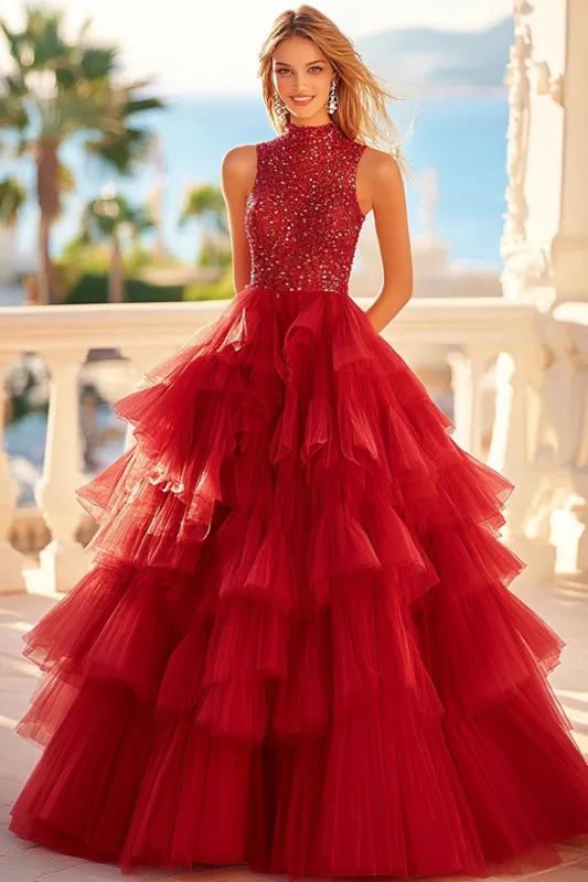 A Line Red Tulle Sequins Tiered Prom Dress sold by Zapaka