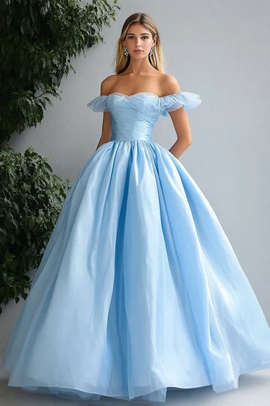 Sky Blue A-Line Off the Shoulder Ruffle Organza Ball Gown sold by Zapaka