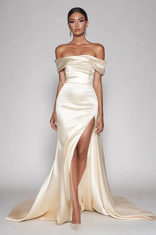 Champagne Off The Shoulder Satin Long Mermaid Prom Dress with Slit sold by Zapaka