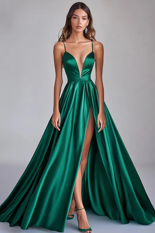 Dark Green A-Line Spaghetti Straps Satin Long Prom Dress with Slit sold by Zapaka