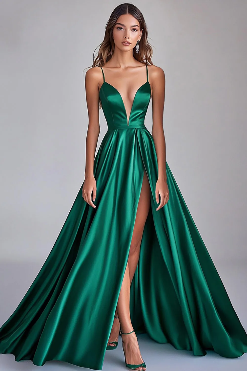 Dark Green A-Line Spaghetti Straps Satin Long Prom Dress with Slit sold by Zapaka