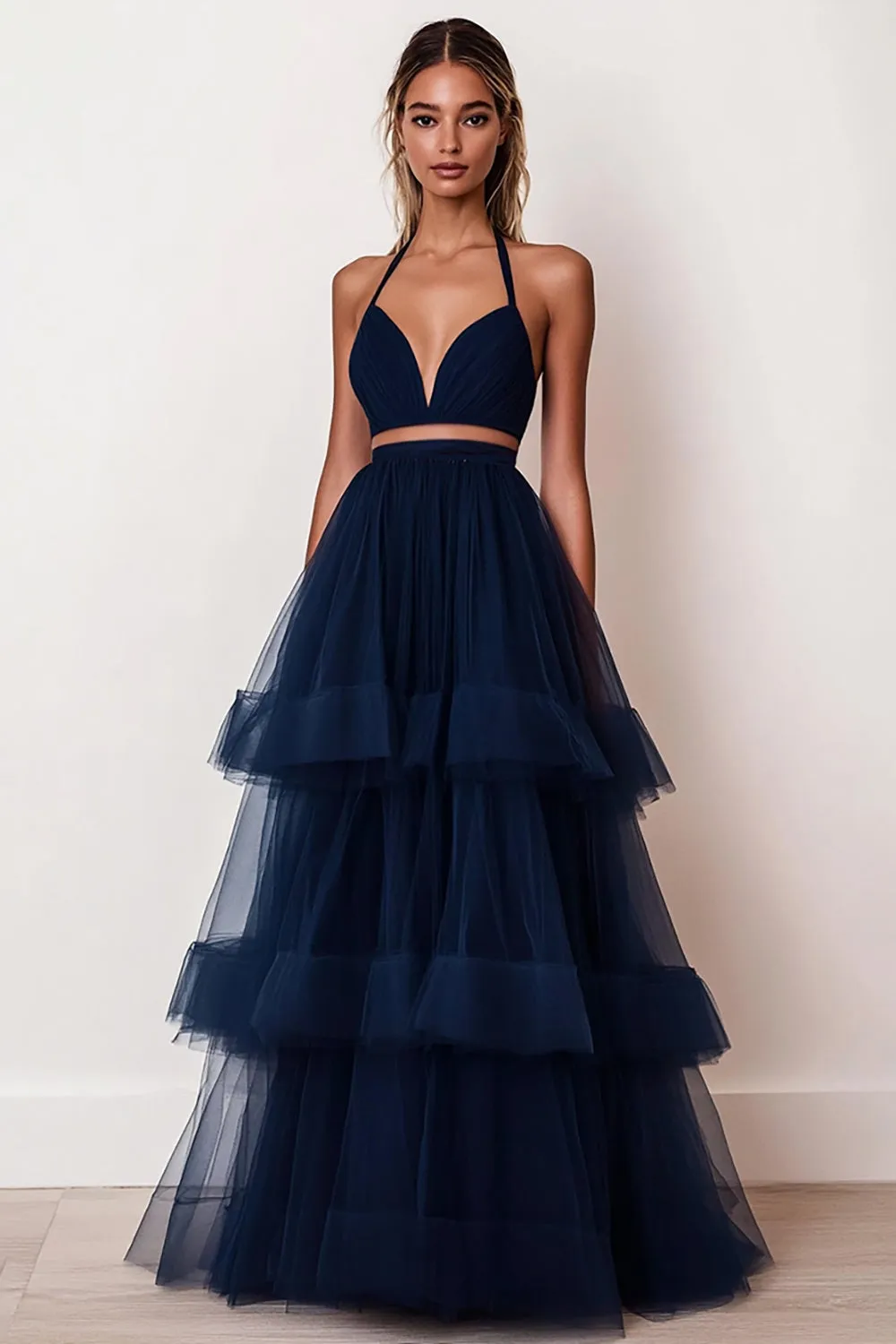 Navy A-Line Spaghetti Straps Ruffles Tulle Long Prom Dress sold by Zapaka