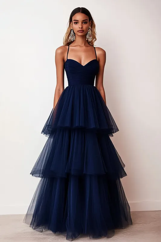 Navy A-Line Spaghetti Straps Ruffles Tulle Long Prom Dress sold by Zapaka