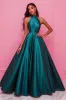 Dark Green High Neck A-Line Sleeveless Satin Long Prom Dress sold by Zapaka