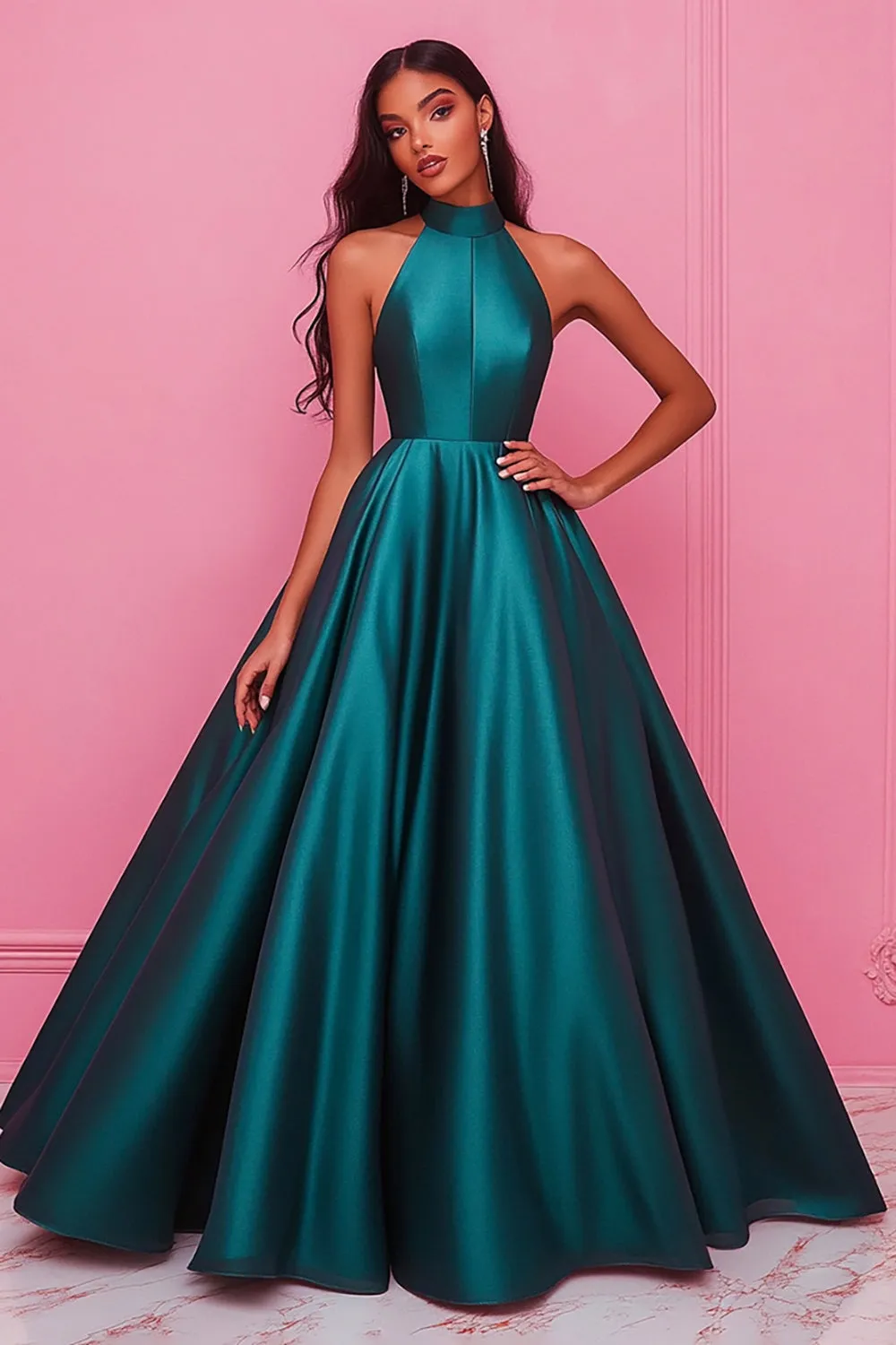 Dark Green High Neck A-Line Sleeveless Satin Long Prom Dress sold by Zapaka