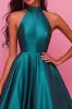 Dark Green High Neck A-Line Sleeveless Satin Long Prom Dress sold by Zapaka