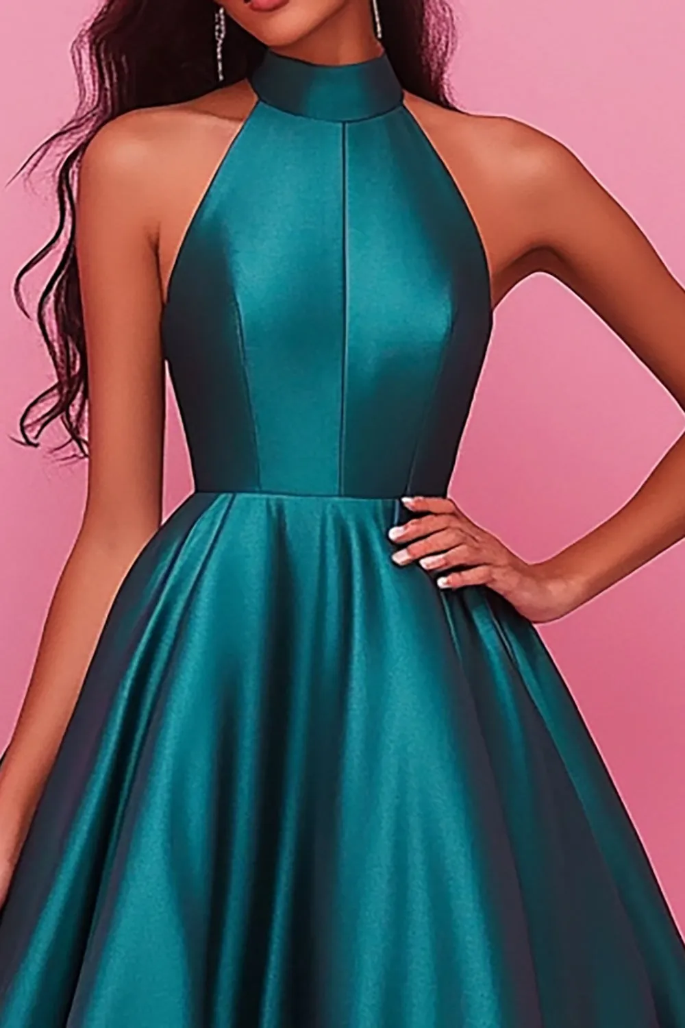 Dark Green High Neck A-Line Sleeveless Satin Long Prom Dress sold by Zapaka product image thumbnail 2