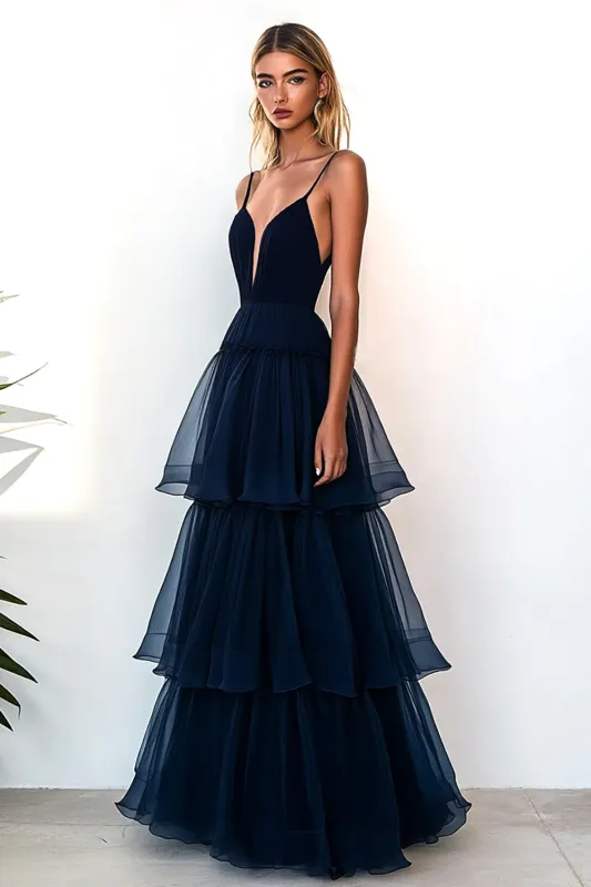 Navy A-Line Spaghetti Straps Tulle Ruffles Long Prom Dress sold by Zapaka